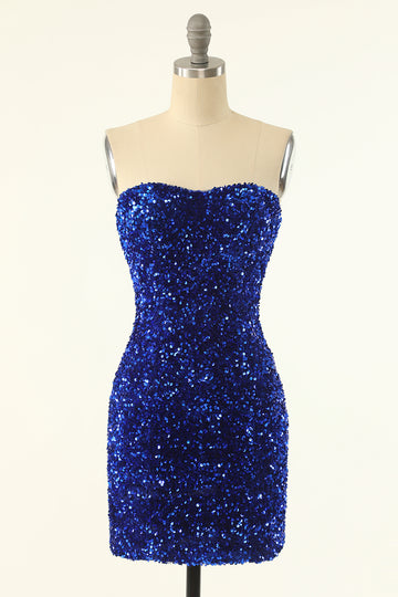 Royal Blue Sweetheart Sequins Robe de retour serrée